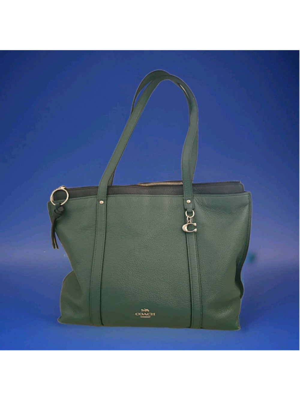 COACH-MAY-Tote Bag Dark Teal Blue Pebbled Leather West-Zip Top #A2079-1573